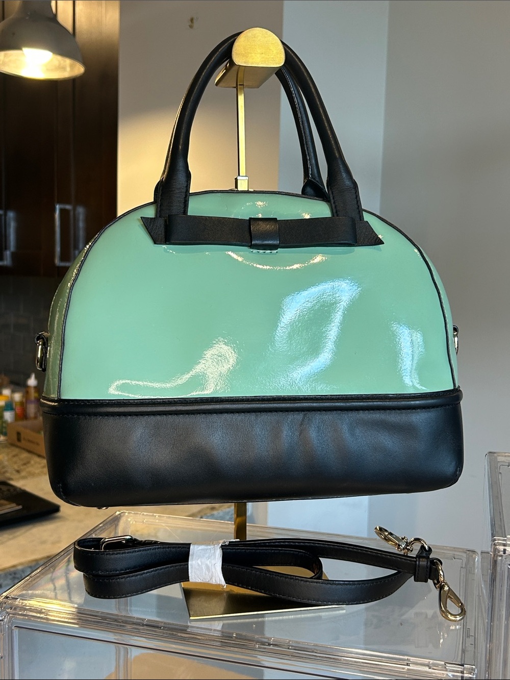 kate spade Chelsea Park Mint and Black Patent Dome Satchel 12.5”x 5”x 9.5” EUC
